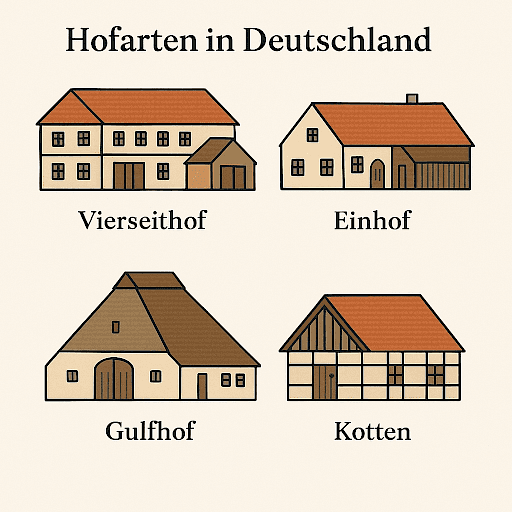 Infografik: Arten von Bauernhöfen in Deutschland – Vierseithof, Einhof, Gulfhof, Resthof