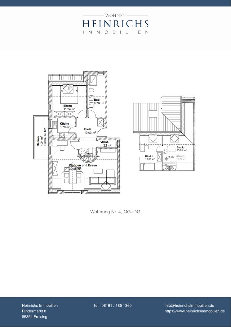Grundriss Wohnung 4 über Ober- und Dachgeschoss: 4 Zimmer, ca. 97,8 m², offene Treppe in den Dachspitz und Balkon