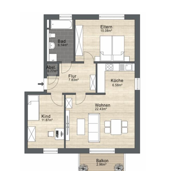 Grundriss der 3-Zimmer-Wohnung im Obergeschoss: Wohnen 22,4 m², Eltern 15,1 m², Kind 11,9 m², Küche, Bad, Balkon