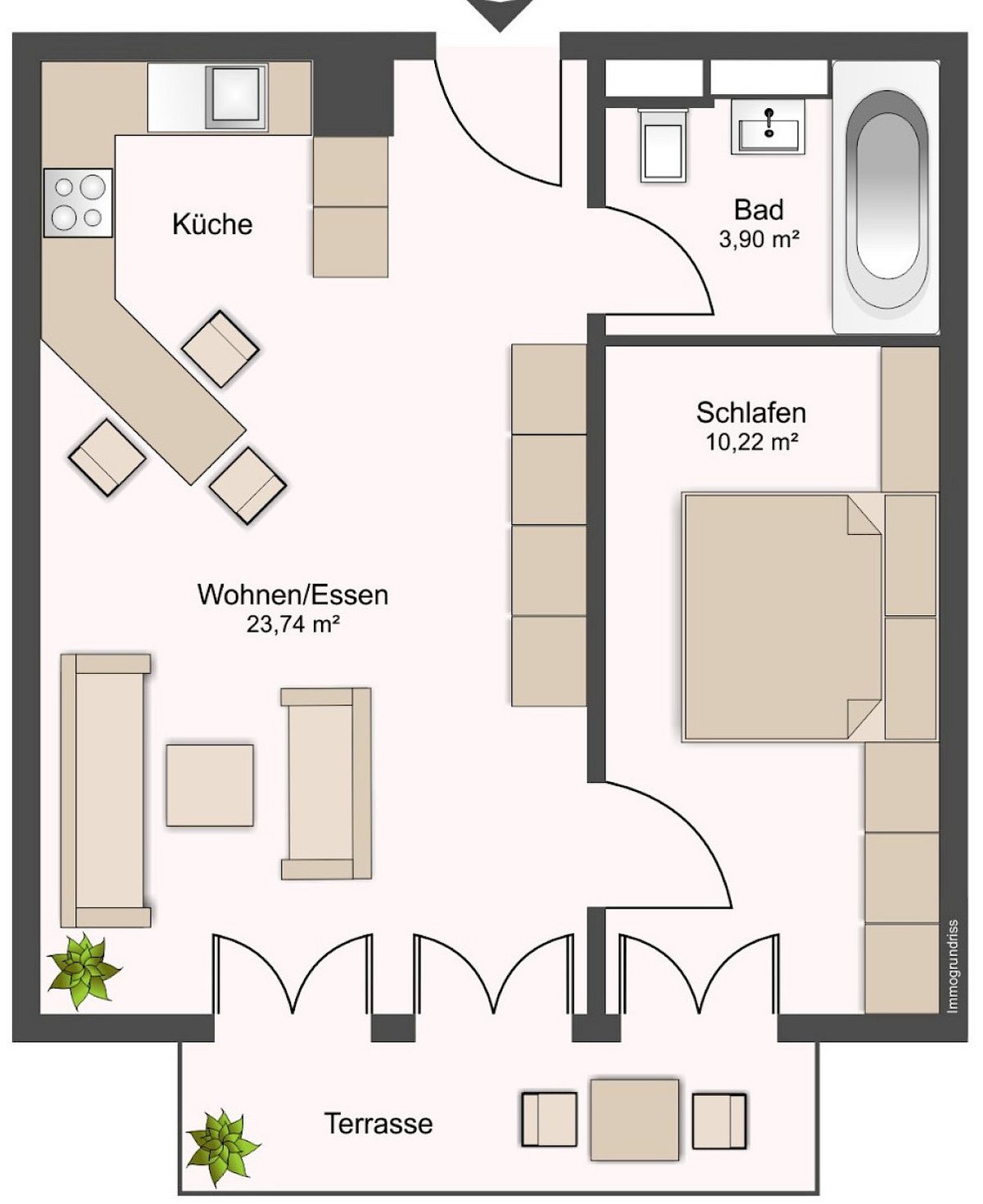 Optimierter 2D-Grundriss von Heinrichs Immobilien – möbliert, farbig, klar beschriftet